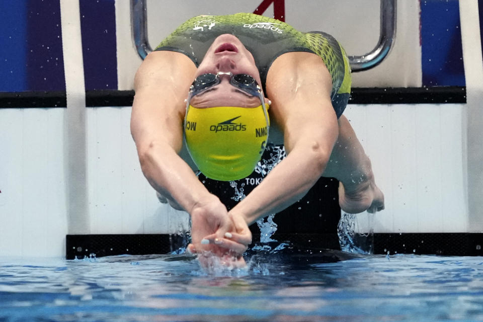 Kaylee McKeown of Australia starts in her heat of the women's 200-meter backstroke at the 2020 Summer Olympics, Thursday, July 29, 2021, in Tokyo, Japan. (AP Photo/Matthias Schrader)