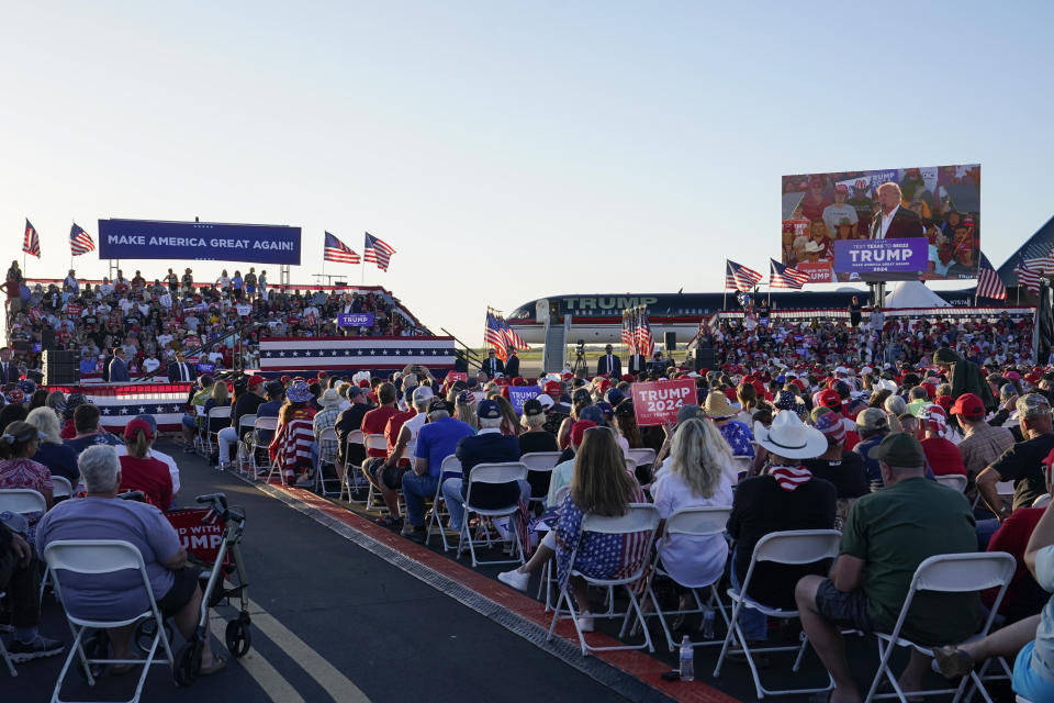 Former President Donald Trump speaks at a campaign rally at Waco Regional Airport Saturday, March 25, 2023, in Waco, Texas. (AP Photo/Nathan Howard)