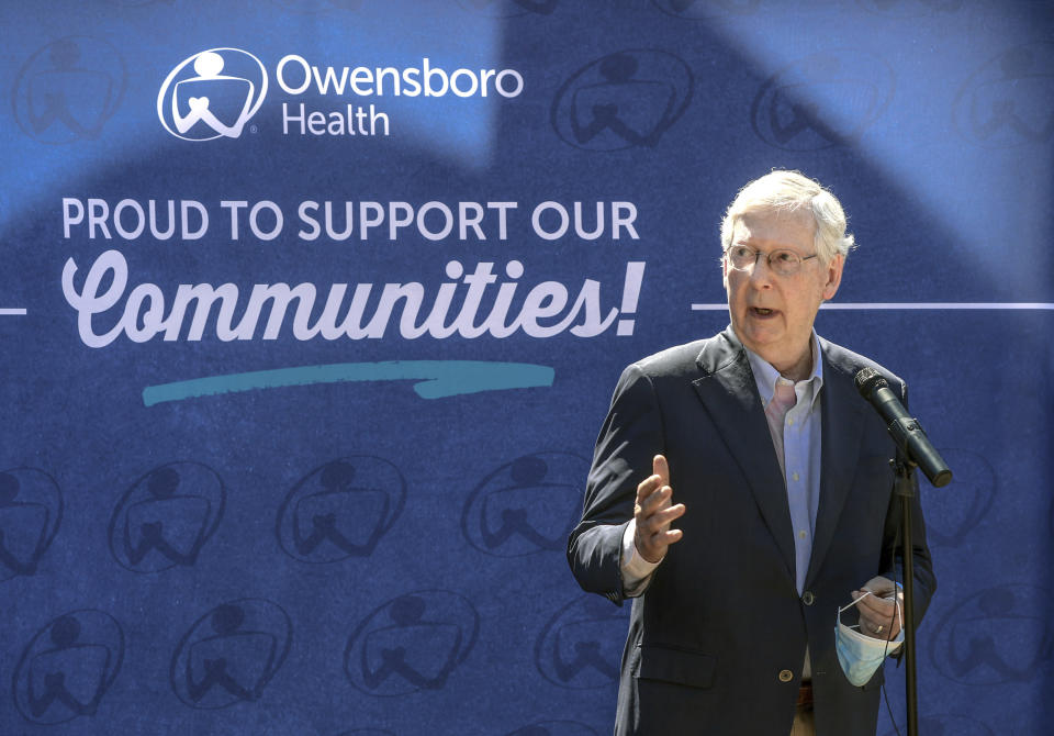 U.S. Senate Majority Leader Mitch McConnell speaks outside of the Owensboro Health Muhlenberg Community Hospital during a press conference, Tuesday, July 14, 2020, in Greenville, Ky. McConnell made the appearance to express his gratitude for Kentucky's front-line healthcare workers and to discuss the impact of the Coronavirus Aid, Relief, and Economic Security Act. (Greg Eans/The Messenger-Inquirer via AP)