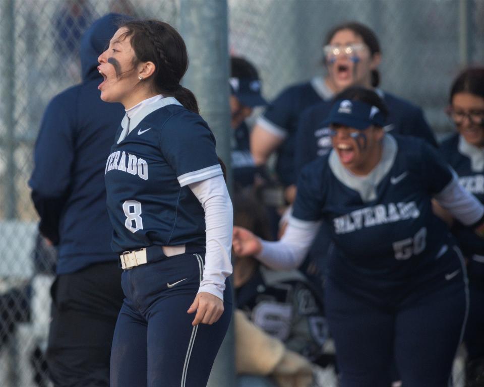 Silverado's Julianna Chavez celebrates after teammate Haylee Stanislawski hit a homerun during the sixth inning on Thursday, March 9, 2023.