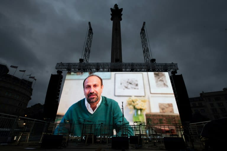 Iranian filmmaker Asghar Farhadi speaks in a recorded video message during the public screening for the film "The Salesman" in Trafalgar Square in central London on February 26, 2017