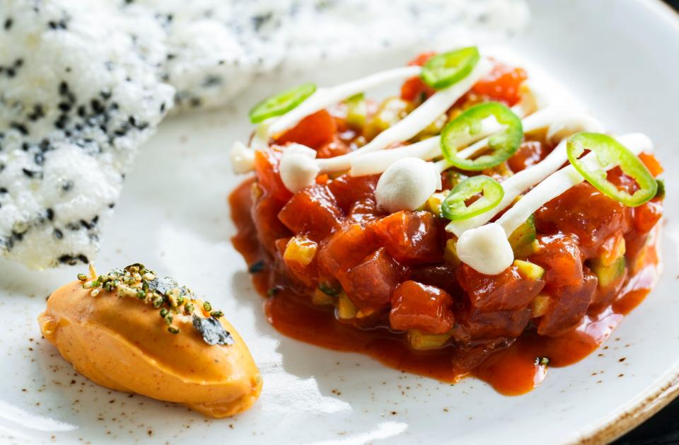 The spicy tuna tartare with sesame crisps gochujang butter, beech mushroom, green chili for $16 at Nami restaurant at 835 E. Main St. in Louisville, Ky. May, 9, 2023.