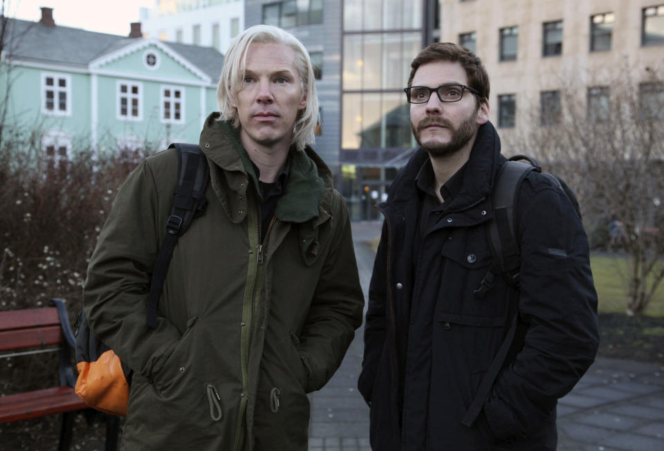 FILE - This undated file photo provided by DreamWorks Studios shows Benedict Cumberbatch, as Julian Assange, left, with Daniel Bruhl, as Daniel Domscheit-Berg, in the WikiLeaks drama, "The Fifth Estate." (AP Photo/ Frank Connor, File)