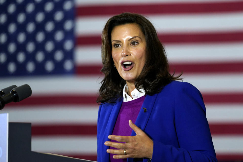 FILE - In this Oct. 16, 2020 file photo, Michigan Gov. Gretchen Whitmer speaks at Beech Woods Recreation Center, in Southfield, Mich. Whitmer and six other people who risked their own health and safety to help and protect others during the coronavirus pandemic will receive special Profile in Courage awards next month, the John F. Kennedy Library Foundation announced Tuesday, May 4, 2021. (AP Photo/Carolyn Kaster, File)