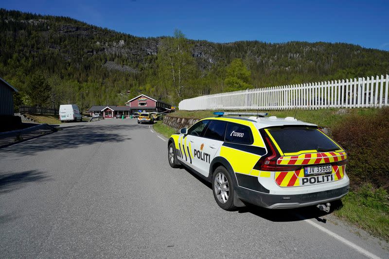 A police vehicle is parked on the side of the road following stabbing attacks, in Nore, Numedal region