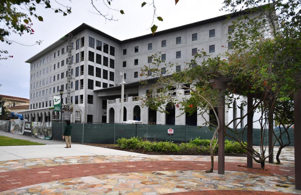 The new student center and residence hall is the first dormitory on the University of South Florida Sarasota-Manatee campus. Once completed, the building will house 200 students, offices and meeting space, a ballroom/lounge, game room, laundry facilities, bookstore and on-campus dining.