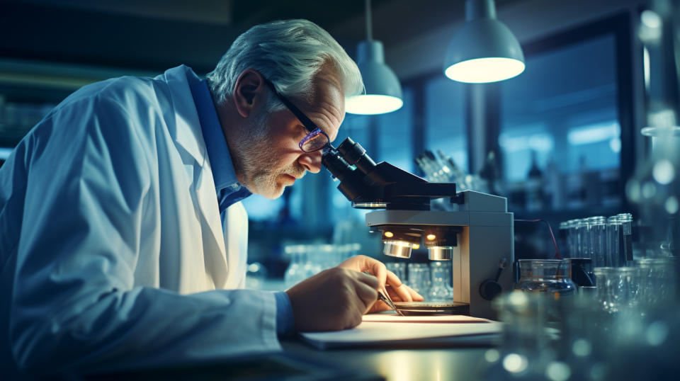 A close-up of a medical professional in a laboratory working on personalized cancer care.