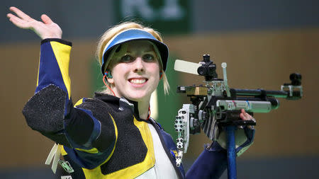 2016 Rio Olympics - Shooting - Final - Women's 10m Air Rifle Finals - Olympic Shooting Centre - Rio de Janeiro, Brazil - 06/08/2016. Virginia Thrasher (USA) of USA reacts. REUTERS/Jeremy Lee