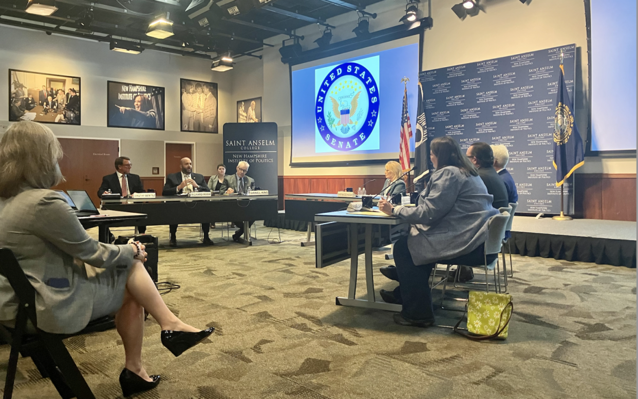 Members of the U.S. Secret Service, the New Hampshire Department of Information Technology, and the U.S. Cybersecurity and Infrastructure Security Agency meet at St. Anselm College for a panel discussion hosted by Sen. Maggie Hassan, Aug. 21, 2023.