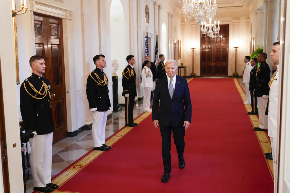 President Joe Biden arrives for a Medal of Honor Ceremony at the White House in Washington, Wednesday, July 3, 2024, posthumously honoring two U.S. Army privates who were part of a daring Union Army contingent that stole a Confederate train during the Civil War. U.S. Army Pvts. Philip G. Shadrach and George D. Wilson were captured by Confederates and executed by hanging. (AP Photo/Susan Walsh)