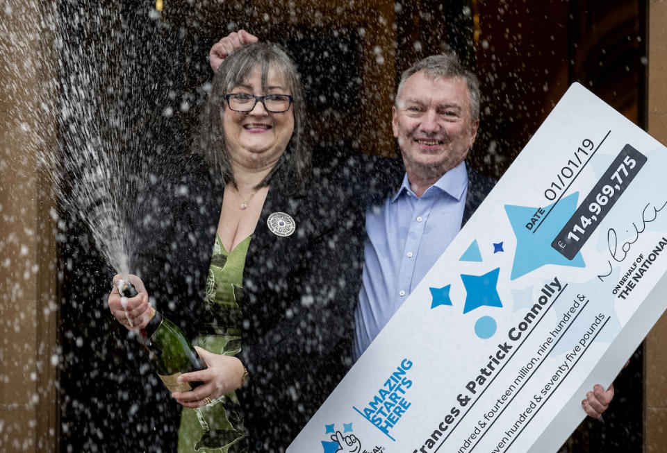 Frances Connolly, 52, and Patrick Connolly, 54, from Moira in Northern Ireland, who scooped a Â£115 million EuroMillions jackpot in the New Year's Day lottery draw, during a photocall at the Culloden Estate and Spa in Holywood, Belfast, as they announce their win.