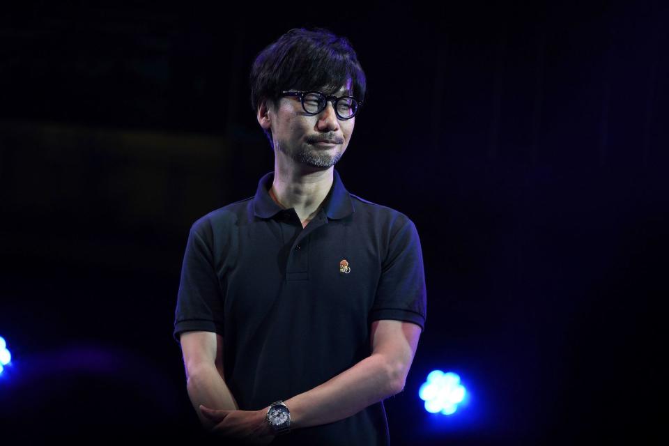 Japanese video game designer, writer, director and producer Hideo Kojima speaks on stage to present his new video game 