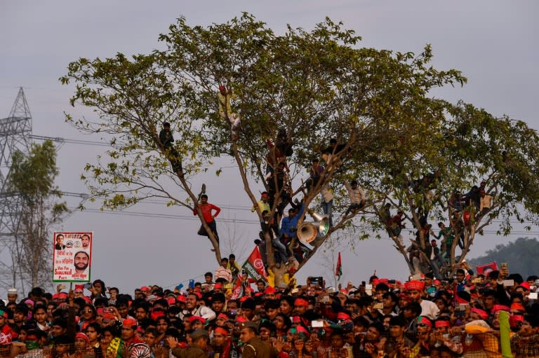 Supporters of the Chief Minister of the Indian state of Uttar Pradesh Akhilesh Yadav attend an election campaign rally in Sardhana