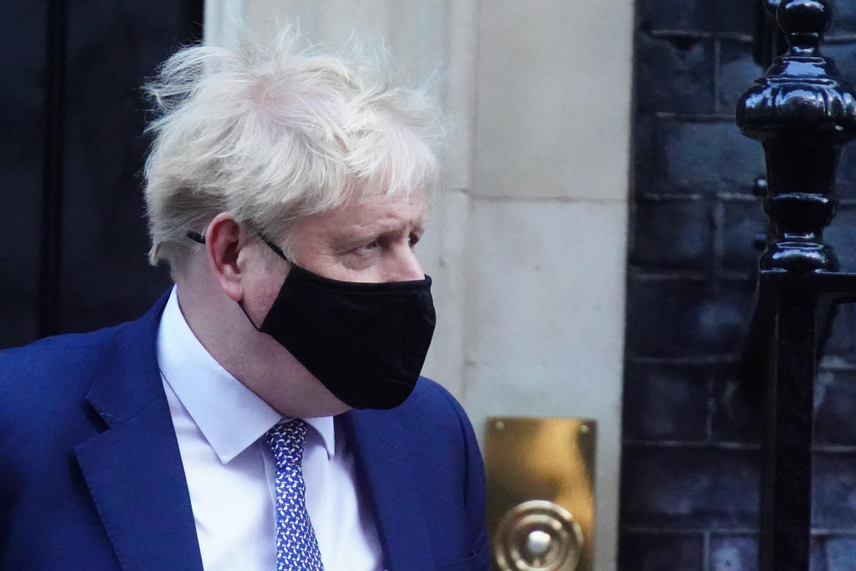 Prime Minister Boris Johnson leaves 10 Downing Street, London, to attend Prime Minister's Questions at the Houses of Parliament, as public anger continues following the leak on Monday of an email from the Prime Minister's principal private secretary Martin Reynolds inviting 100 Downing Street staff to a 