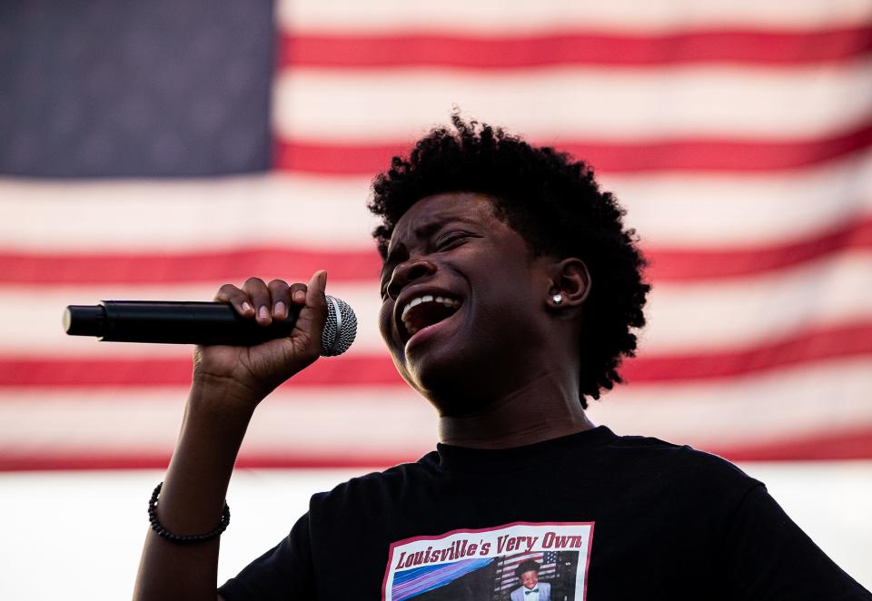 Louisville singing phenom D'Corey Johnson sang the national anthem before the Louisville Orchestra performed at Louisville's 4th of July celebration on the Great Lawn on Tuesday, July 4, 2023.