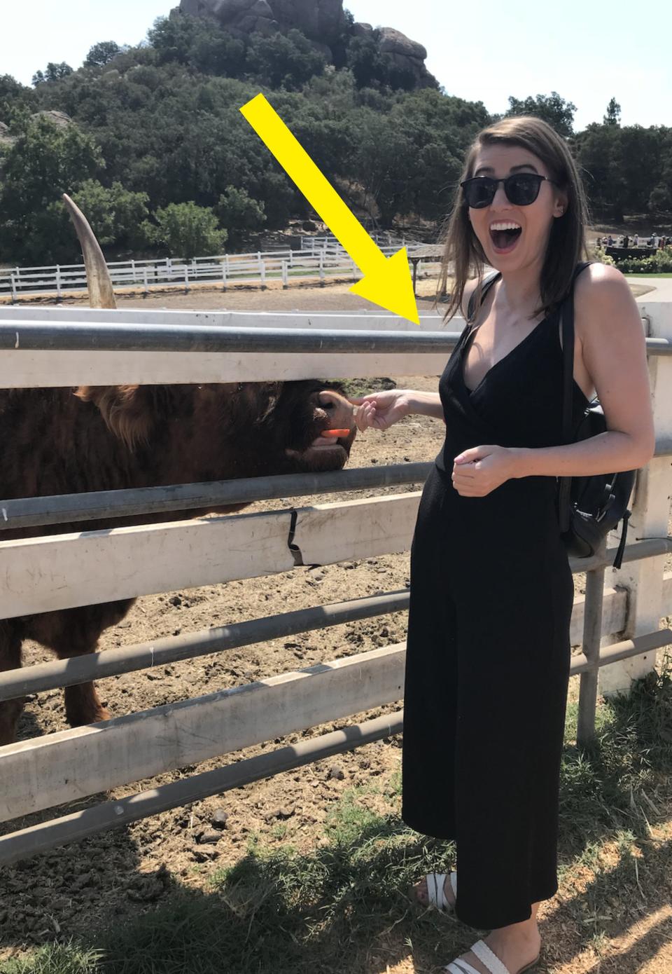 the author wearing a dress with an arrow pointing to the long straps