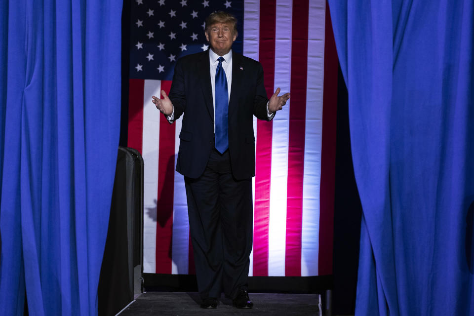 President Donald Trump arrives at UW-Milwaukee Panther Arena to speak at a campaign rally, Tuesday, Jan. 14, 2020, in Milwaukee. (AP Photo/ Evan Vucci)