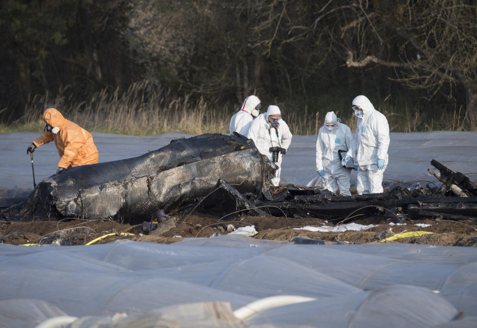Investigators stand around the debris of a small plane at an asparagus field in the village Erzhausen near Frankfurt, Germany, Monday, April 1, 2019. Russian airline S7 Group said co-owner Natalia Fileva was aboard the single-engine, six-seat Epic LT aircraft that crashed and burned on Sunday, March 31, 2019, in a field as it approached the small airport at Egelsbach near Frankfurt. (Boris Roessler/dpa via AP)
