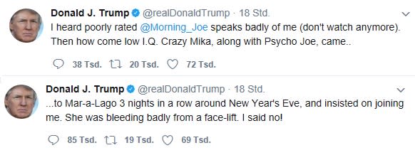 <p>Auf Twitter nannte der US-Präsident die Journalistin “verrückte Mika”, zudem habe sie einen “geringen IQ.” Auch Joe blieb nicht verschont, ihn nannte der Politiker einen “Psycho”. Zusätzlich behauptete er, Brzezinski habe ihn in einem seiner Golfclubs besuchen wollen, doch habe aufgrund von Schönheitsoperationen im Gesicht geblutet. (Foto: Twitter @realDonaldTrump) </p>