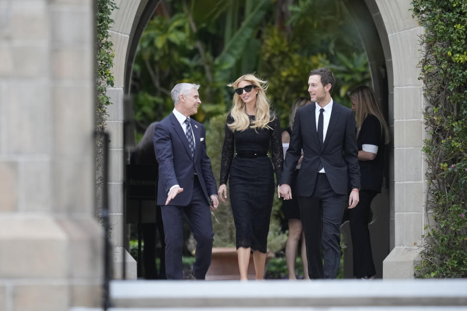Ivanka Trump, center, and Jared Kushner, right, arrive for the funeral of former first lady Melania Trump's mother, Amalija Knavs, at the Church of Bethesda-by-the-Sea in Palm Beach, Fla., Thursday, Jan. 18, 2024. (AP Photo/Rebecca Blackwell)