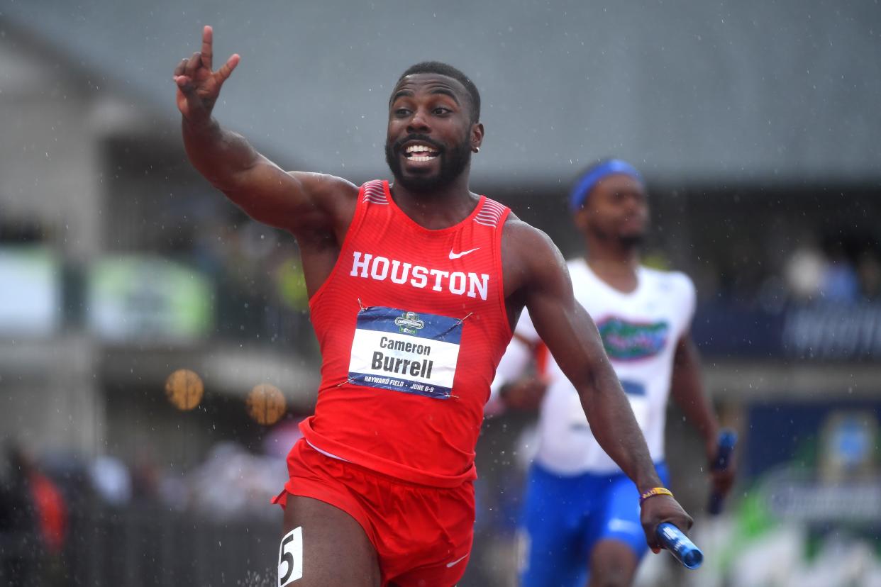 Cameron Burrell of the Houston Cougars celebrates after winning the 4x100 meter relay during the Division I Men's Outdoor Track & Field Championship held at Hayward Field on June 8, 2018 in Eugene, Oregon. (Photo by Jamie Schwaberow/NCAA Photos via Getty Images)