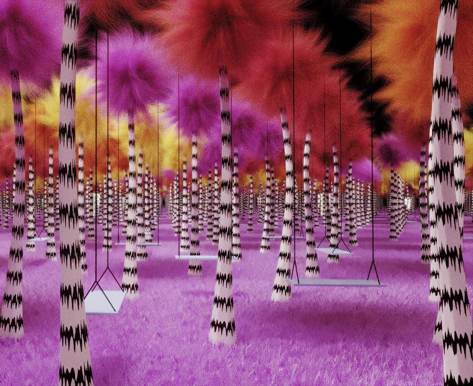 This undated rendering provided by Dr. Seuss Enterprises shows a grove of Truffula trees, from Seuss' book "The Lorax," that will be incorporated as part of a touring immersive attraction tied to the work of the famous late author and illustrator of children's books. The exhibit is scheduled debut in Toronto in October 2019, followed by visits to several cities in the United States. (Kilburn Experiences, LLC/Dr. Seuss Enterprises via AP)