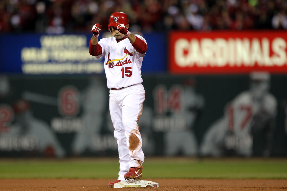 ST LOUIS, MO - OCTOBER 20: Rafael Furcal #15 of the St. Louis Cardinals reacts after hitting a double in the third inning for the first hit of the game during Game Two of the MLB World Series against the Texas Rangers at Busch Stadium on October 20, 2011 in St Louis, Missouri. (Photo by Ezra Shaw/Getty Images)