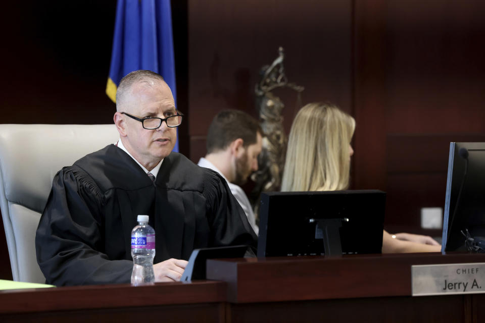Chief Judge Jerry Wiese listens as an indictment in the 1996 murder of rapper Tupac Shakur is announced during a court hearing at the Regional Justice Center in Las Vegas on Friday, Sept. 29, 2023. (K.M. Cannon/Las Vegas Review-Journal via AP)