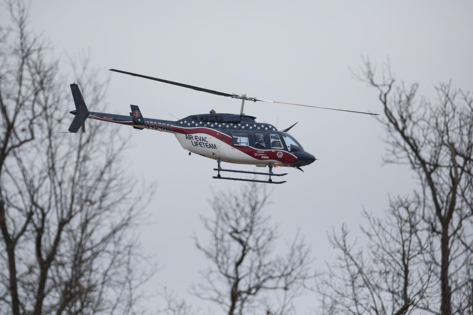 <p>An Air-Evac Lifeteam helicopter departs Marshall County High School, Jan. 23, 2018, in Benton, Ky., after a fatal school shooting. (Photo: Ryan Hermens/The Paducah Sun via AP) </p>