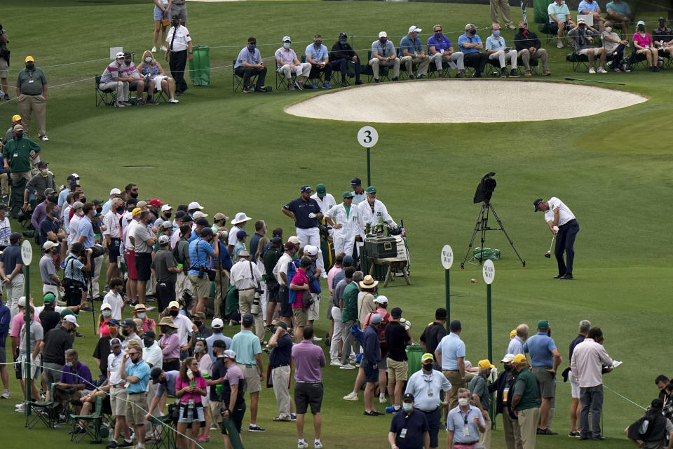 Matt Kuchar tees off on the third hole during the second round of the Masters golf tournament on Friday, April 9, 2021, in Augusta, Ga. (AP Photo/Matt Slocum)