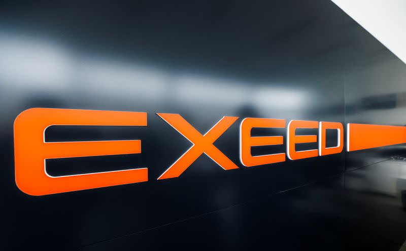 The logo of Chinese automobile brand Exeed is seen at a dealership in Moscow