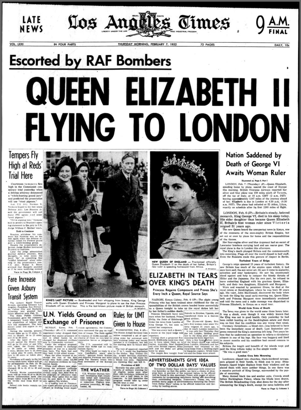 The headline on the front page of the Los Angeles Times reads, Queen Elizabeth II Flying to London