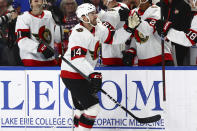 Ottawa Senators left wing Boris Katchouk (14) celebrates his goal during the first period of an NHL hockey game against the Buffalo Sabres Wednesday, March 27, 2024, in Buffalo, N.Y. (AP Photo/Jeffrey T. Barnes)