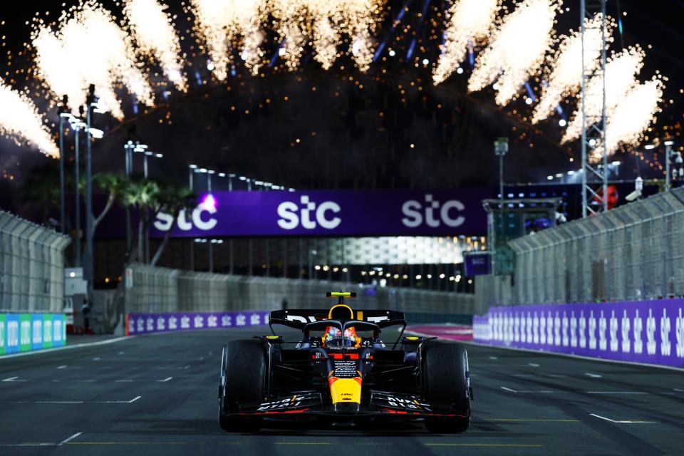 2023 Race winner Sergio Perez of Mexico driving the (11) Oracle Red Bull Racing RB19 stops in parc ferme during the F1 Grand Prix of Saudi Arabia at Jeddah Corniche Circuit on March 19, 2023. (Photo by Mark Thompson/Getty Images)