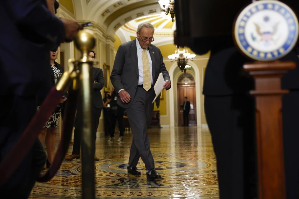 WASHINGTON, DC - SEPTEMBER 19: Senate Majority Leader Chuck Schumer (D-NY) walks back to the podium during a news conference following the weekly Senate Democratic policy luncheon meeting at the U.S. Capitol Building on September 19, 2023 in Washington, DC. Senate Democrats spoke to reporters about the House Republicans' negotiation on government funding legislation. (Photo by Anna Moneymaker/Getty Images)