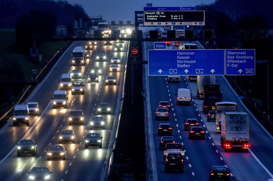 FILE - Cars and trucks drive on a highway in Frankfurt, Germany, Jan. 27, 2023. European Union governments tentatively agreed Friday Feb. 3, 2023, to set a $100-per-barrel price cap on sales of Russian diesel to coincide with an EU embargo on the fuel — steps aimed at ending the bloc's energy dependence on Russia and limiting the money Moscow makes to fund its war in Ukraine. (AP Photo/Michael Probst, File)