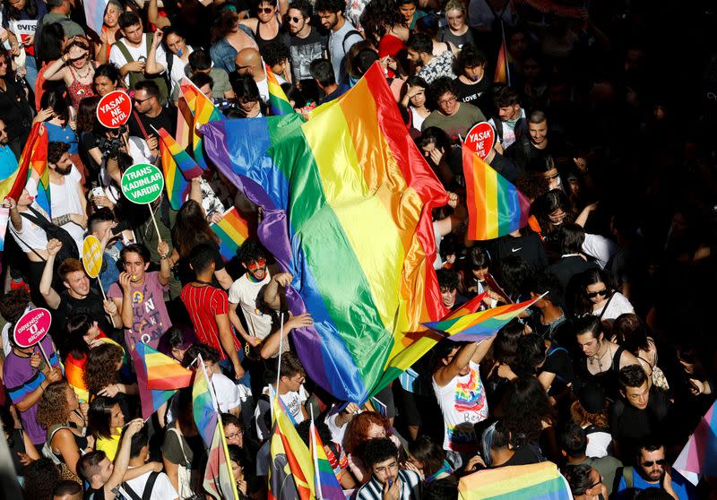 FILE PHOTO: LGBT rights activists gather to try to march for a pride parade, which was banned by the governorship, in central Istanbul