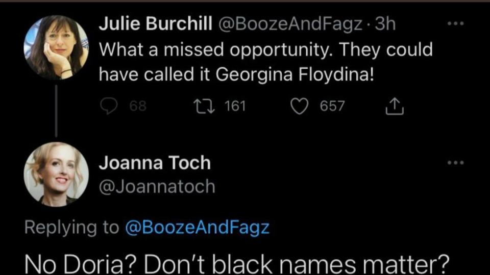 A screenshot of a tweet by former Telegraph journalist Julie Burchill who was fired after posting a 'racist' tweet about Prince Harry and Meghan Markle's daughter, Lili