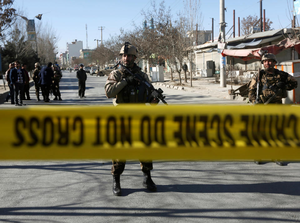 <p>Afghan security forces keep watch at the site of a suicide attack in Kabul, Afghanistan, Dec. 28, 2017. (Photo: Omar Sobhani/Reuters) </p>