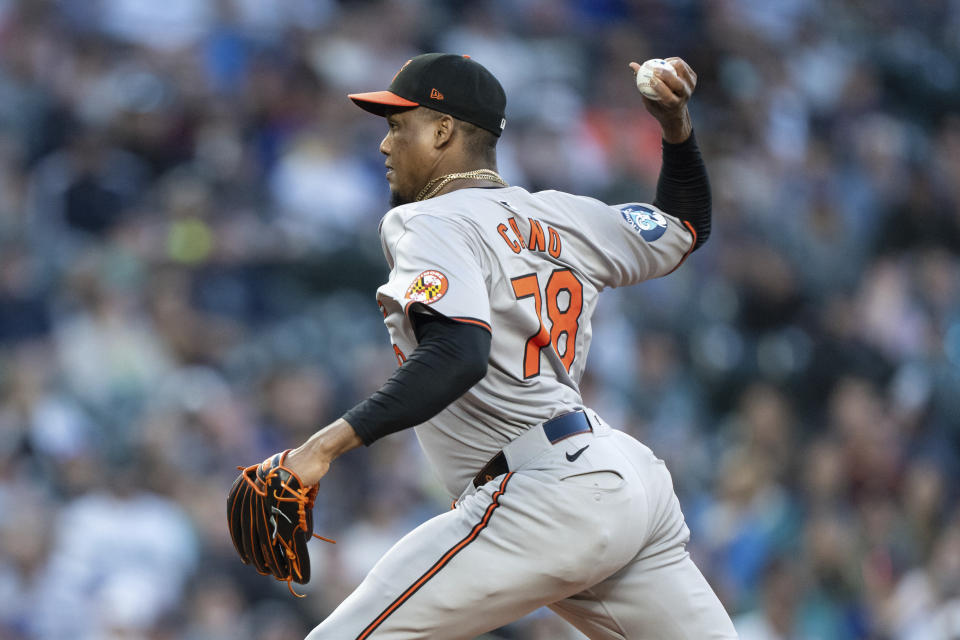 Baltimore Orioles reliever Yennier Cano delivers a pitch during the seventh inning of a game against the Seattle Mariners, Tuesday, July 2, 2024, in Seattle. (AP Photo/Stephen Brashear)