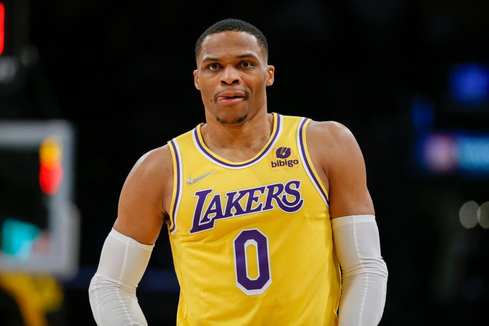 Los Angeles Lakers guard Russell Westbrook (0) during the second half of an NBA basketball game against the Utah Jazz in Los Angeles, Monday, Jan. 17, 2022. The Lakers won 101-95. (AP Photo/Ringo H.W. Chiu) ORG XMIT: NYOTK