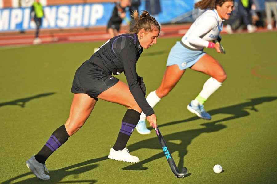STORRS, CT – NOVEMBER 20: Northwestern Wildcats midfielder Maddie Zimmer (8) brings the ball up against the North Carolina Tar Heels during the Division I Women’s Field Hockey Championship held at the University of Connecticut- Sherman Complex on November 20, 2022 in Storrs, Connecticut. (Photo by Sean Elliot/NCAA Photos via Getty Images)