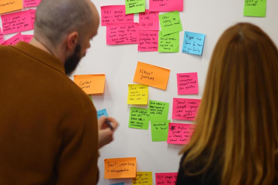 two person people looking at a load of sticky notes on a whiteboard