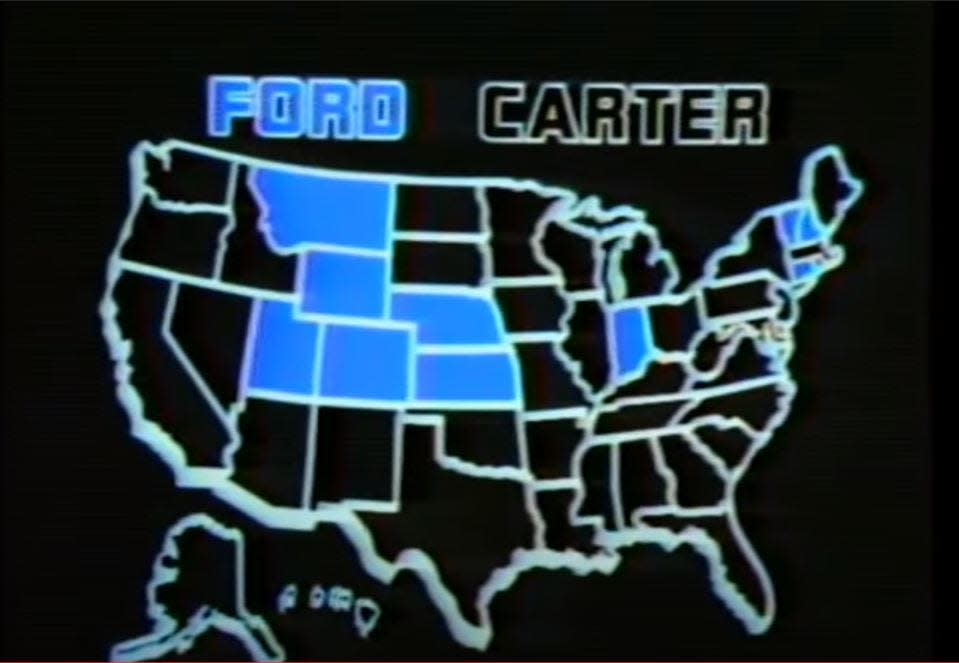 CBS News 1976 election night map showing Gerald Ford in blue.