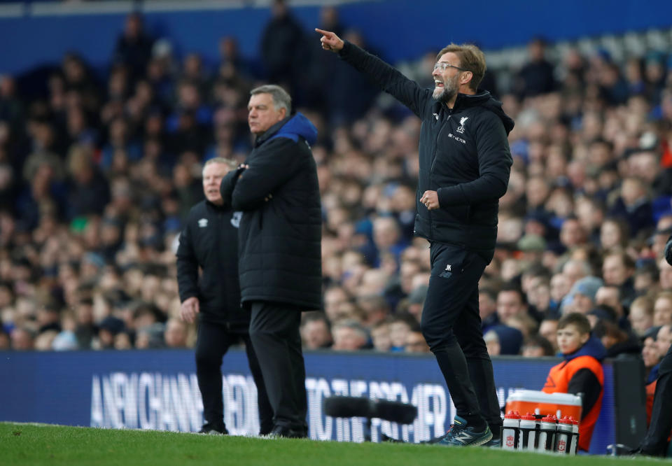 <p>Liverpool manager Juergen Klopp and Everton manager Sam Allardyce watch the action unfold </p>
