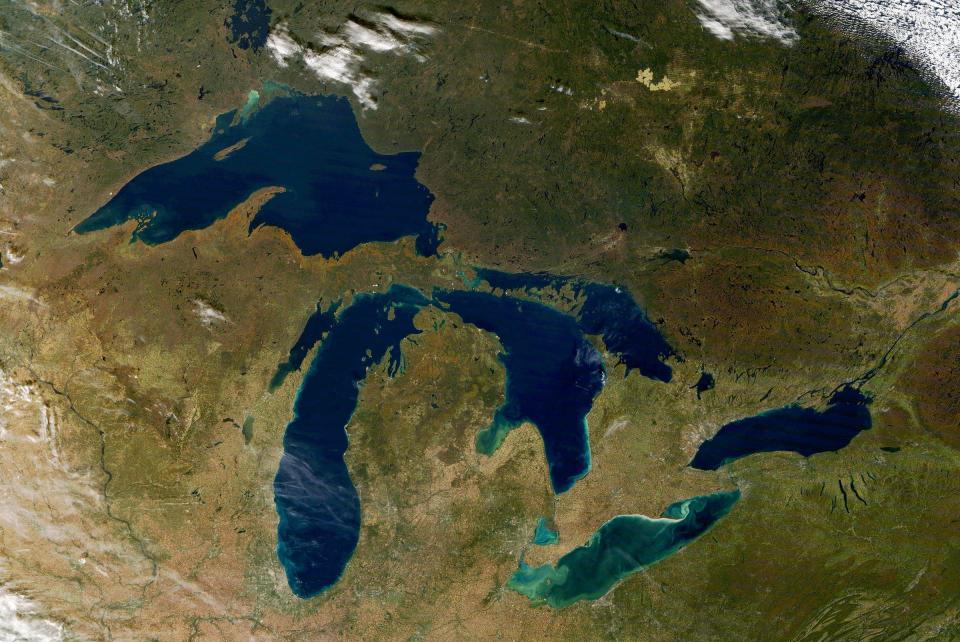 The Great Lakes, Superior, Michigan, Huron, Erie and Ontario along with Georgian Bay, the North Channel and Lake St. Clair (heart-shaped lake in the lower center) on Oct. 20, 2017.