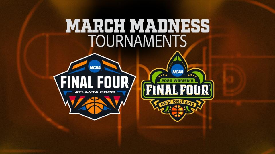 2020 NCAA Division I Men's Basketball Final Four Atlanta and Women's Basketball Final Four New Orleans logos, on texture with MARCH MADNESS TOURNAMENTS lettering, finished graphic