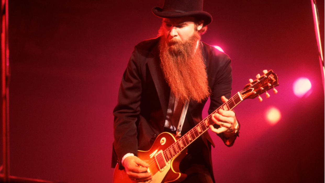  Billy Gibbons, of the group ZZ Top, performs onstage at the Aragon Ballroom, Chicago, Illinois, March 14, 1980. 