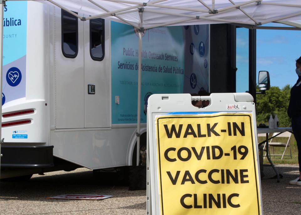 A sign for an Allegan County Health Department mobile COVID-19 vaccine clinic is pictured Tuesday, June 22, 2021, at Christian Neighbors in Fennville, Mich. Beginning in mid-February 2022, ACHD will transition to only offering mandated COVID-19 services after a funding recommendation was not met.