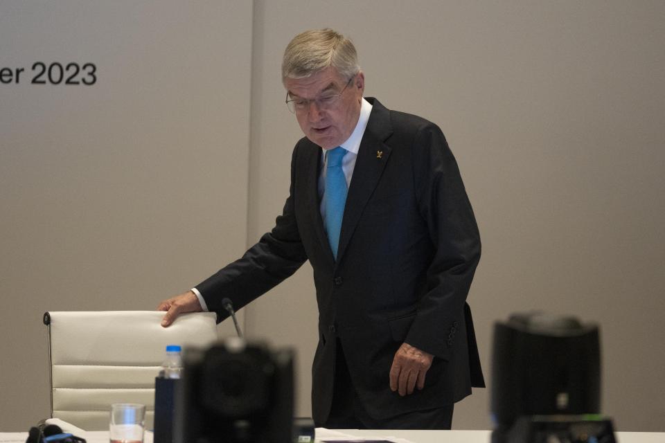 International Olympic Committee (IOC) president Thomas Bach arrives to attend on the first day of the executive board meeting of the IOC ahead of the upcoming 141st IOC session in Mumbai, India, Thursday, Oct. 12, 2023.(AP Photo/Rafiq Maqbool)